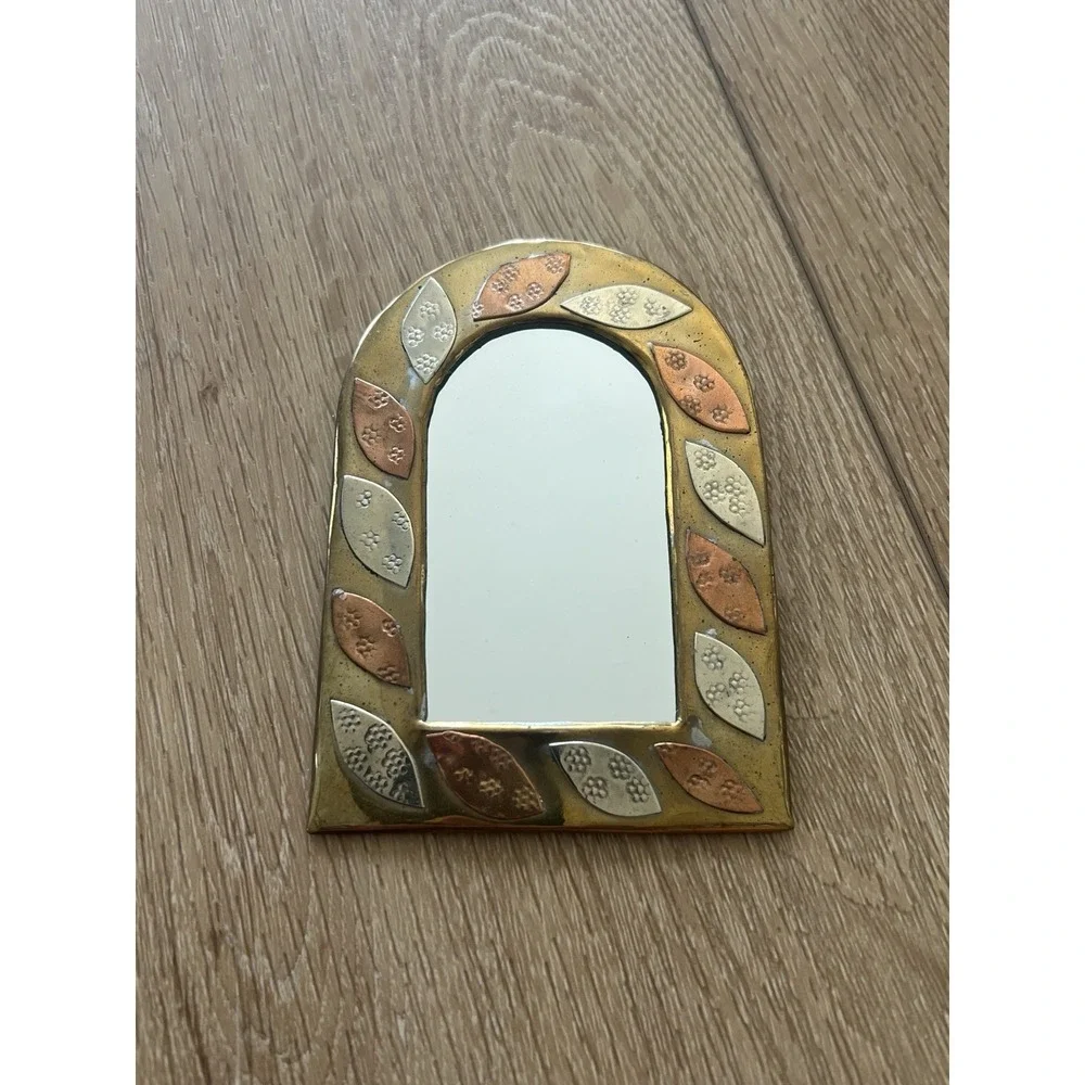 Vtg Moroccan Mini Mirror Handmade Brass Wall Hang Copper Silver Brass Arch 4.5